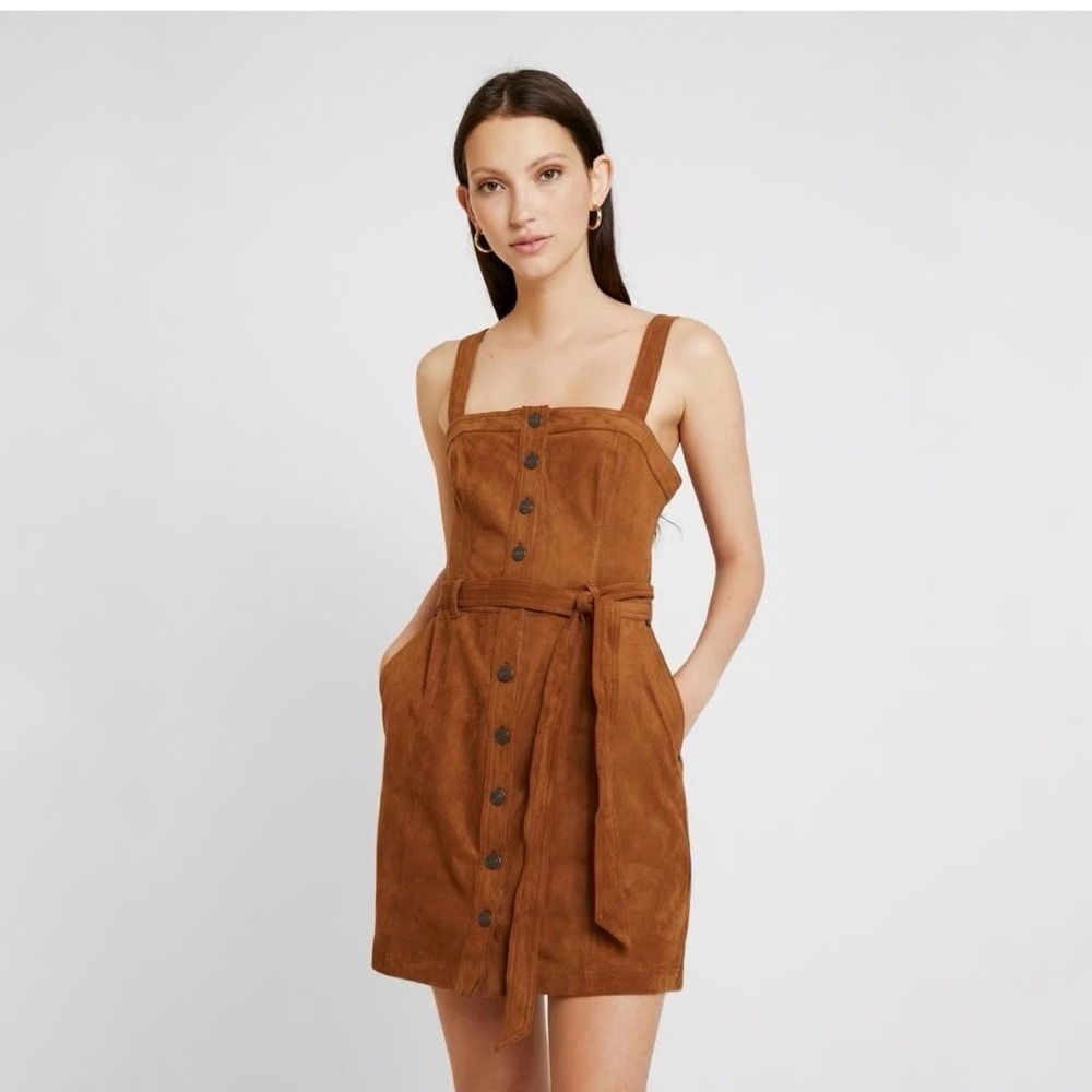 Abercrombie & Fitch Brown Faux Suede Button Up Pinafore mini dress women sz S